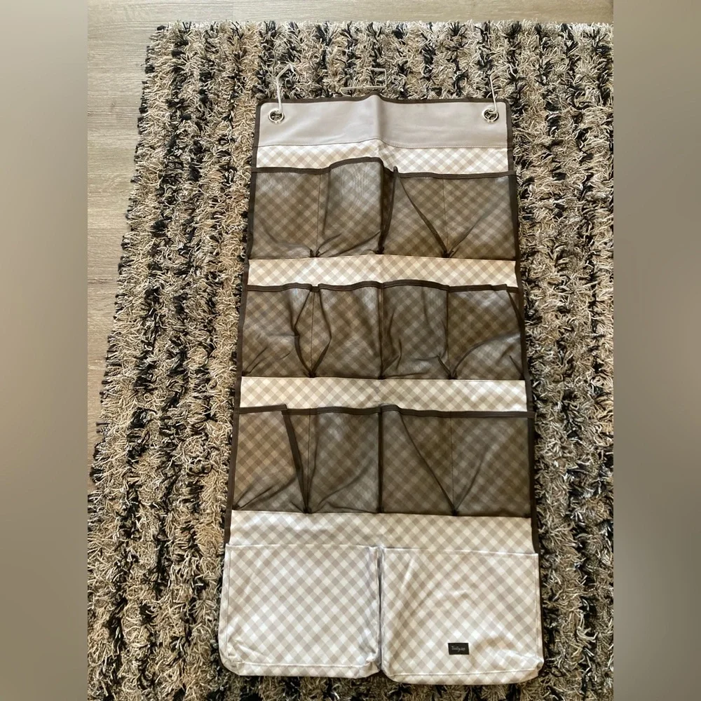 Thirty-One hang it up hanging organizer over door pocket taupe brown white check